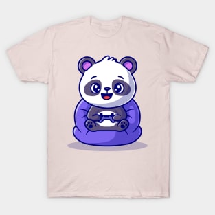 Cute Panda On Playing Game Cartoon T-Shirt